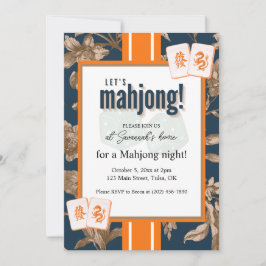 Mahjong Party Invitation, navy gold toile, tiles Einladung