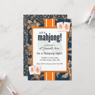 Mahjong Party Invitation, navy gold toile, tiles Einladung