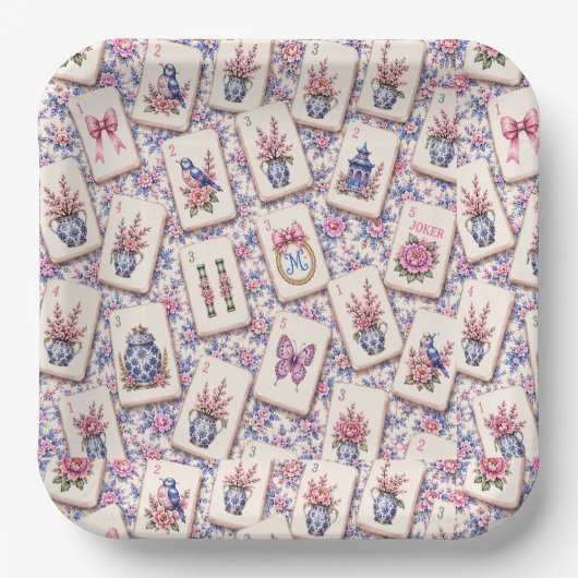 Mahjong rosa und blaue Kacheln Pappteller (Vorderseite)
