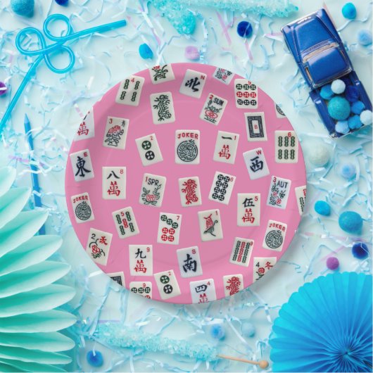 MahJong-Symbole auf Rosa Pappteller (Party)