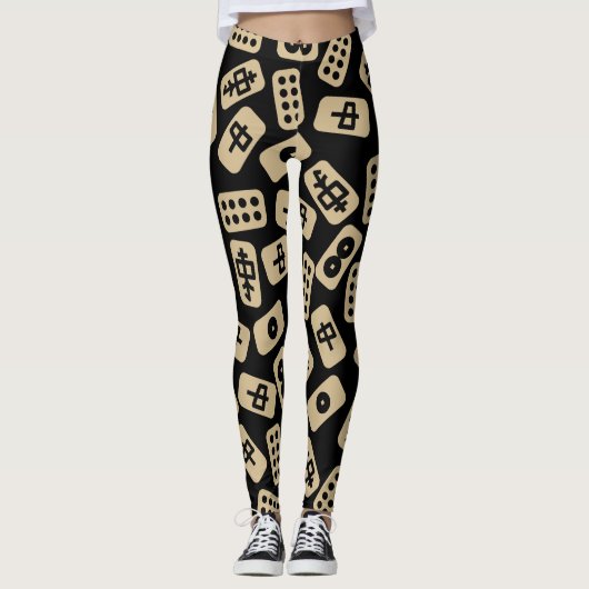 Mahjong Tiles Brown auf Black Leggings (Vorderseite)