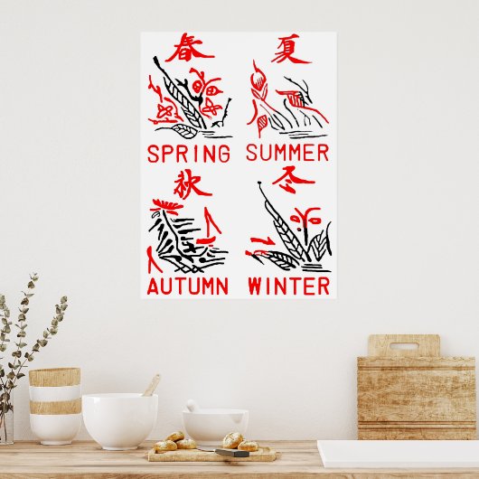 Mahjong Tiles, vier Jahreszeiten, auf weißem Grund Poster (Küche)