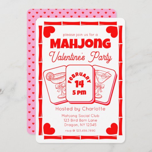 Mahjong Valentine's Party Invitation Einladung (Vorne/Hinten)