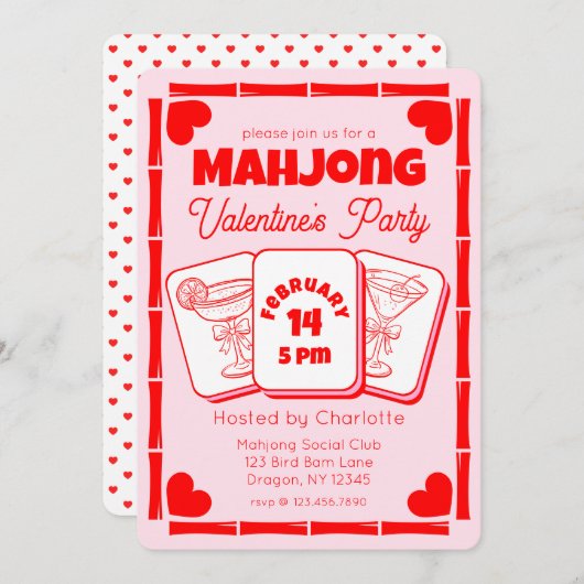 Mahjong Valentine's Pink Party Invitation Einladung (Vorne/Hinten)