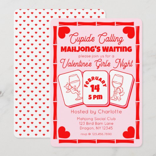 Mahjong Valentins-Party Cupid Einladung (Vorne/Hinten)