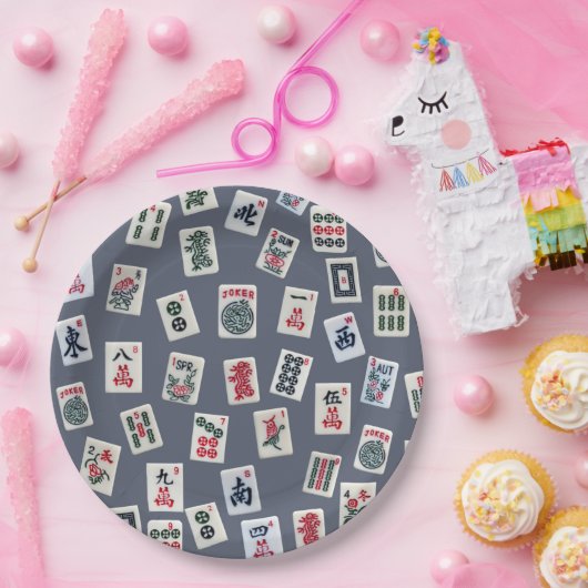 MahJongg Fliesen-Design auf dunkelblau Pappteller (Party)