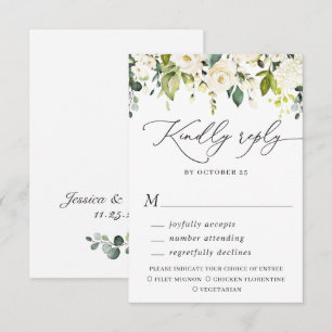 Mahlzeitwahl Eukalyptus Weiße Rosen Florale Hochze RSVP Karte