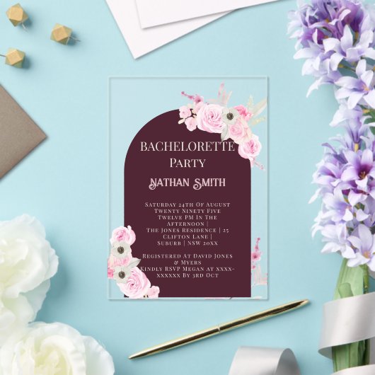 Mahogany Floral Arch Summer Junggeselinnen-Abschie Acryleinladungen (In Situ (Hochzeit))