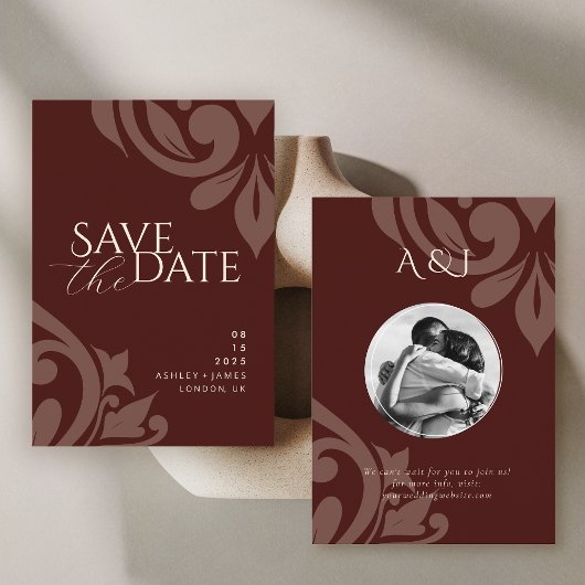 Mahogany Red Classic Damask Elegantes Foto Hochzei Save The Date