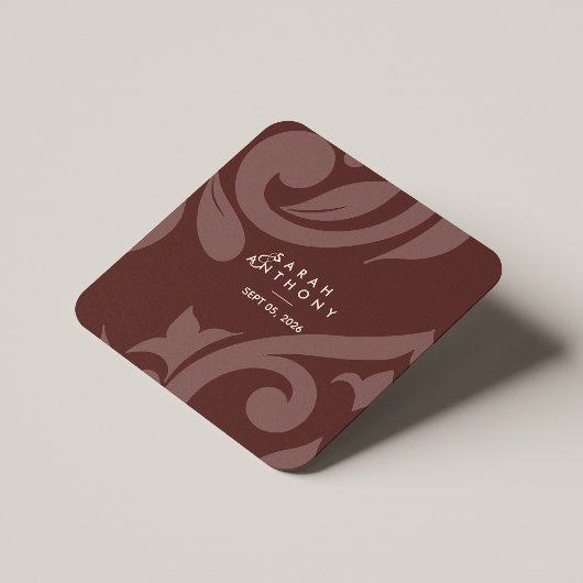 Mahogany Red Classic Script Damask Wedding Rechteckiger Pappuntersetzer