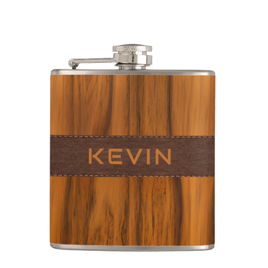 Mahogany wood and brown leather tecture flachmann (Vorderseite)