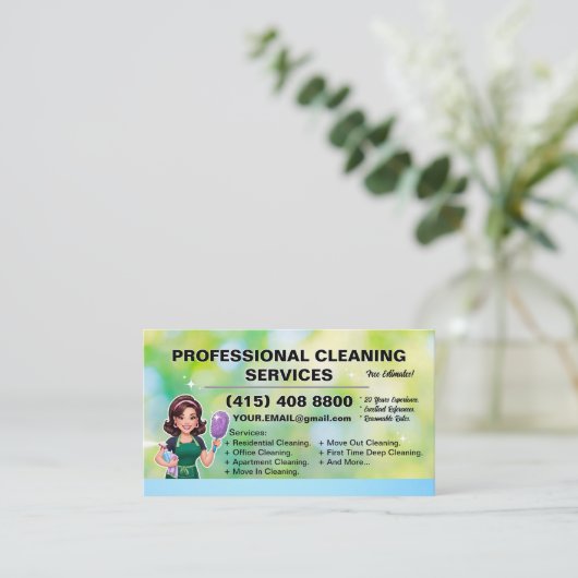 Maid Janitorial Lady Business Card Haus Reinigung Visitenkarte (Stehend Vorderseite)