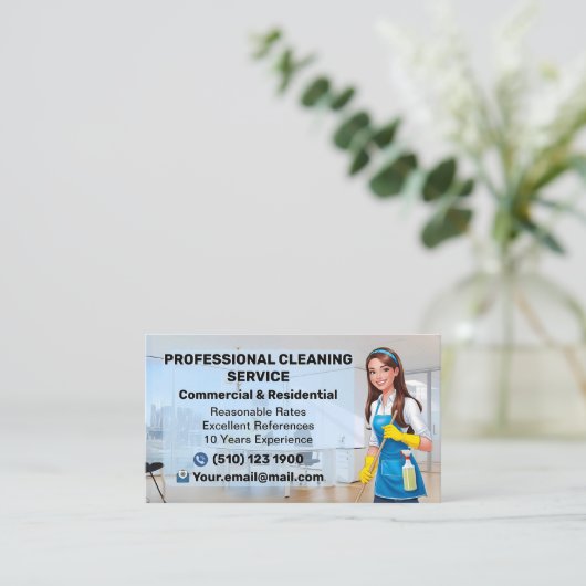 Maid Janitorial Lady Business Card Haus Reinigung Visitenkarte (Stehend Vorderseite)