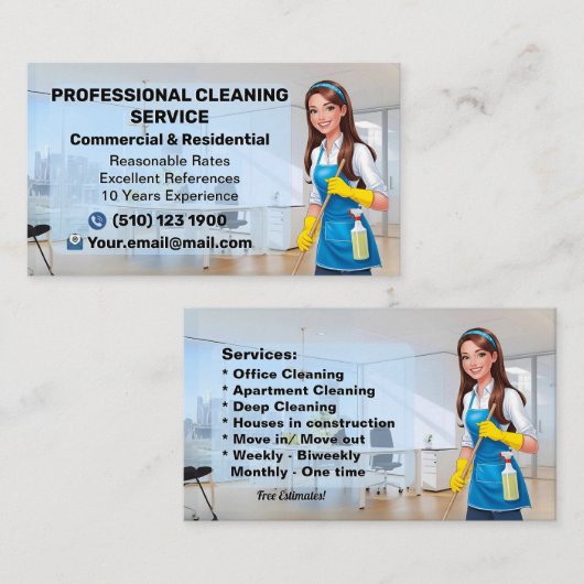 Maid Janitorial Lady Business Card Haus Reinigung Visitenkarte (Vorne/Hinten)