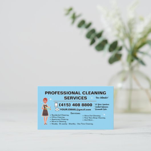 Maid Janitorial Lady Business Card Haus Reinigung Visitenkarte (Stehend Vorderseite)