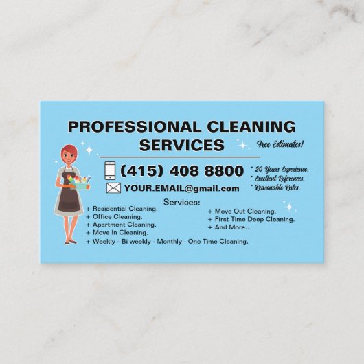 Maid Janitorial Lady Business Card Haus Reinigung Visitenkarte (Vorderseite)