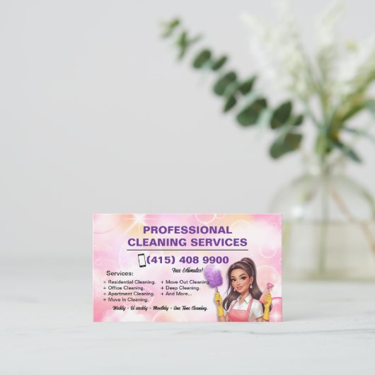 Maid Janitorial Lady Business Card Haus Reinigung Visitenkarte (Stehend Vorderseite)