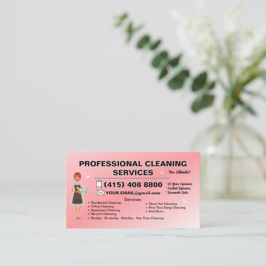 Maid Janitorial Lady Business Card Haus Reinigung Visitenkarte (Stehend Vorderseite)