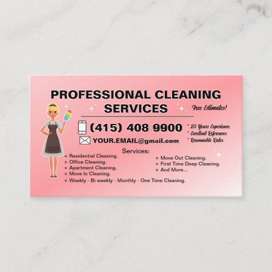 Maid Janitorial Lady Business Card Haus Reinigung Visitenkarte (Vorderseite)