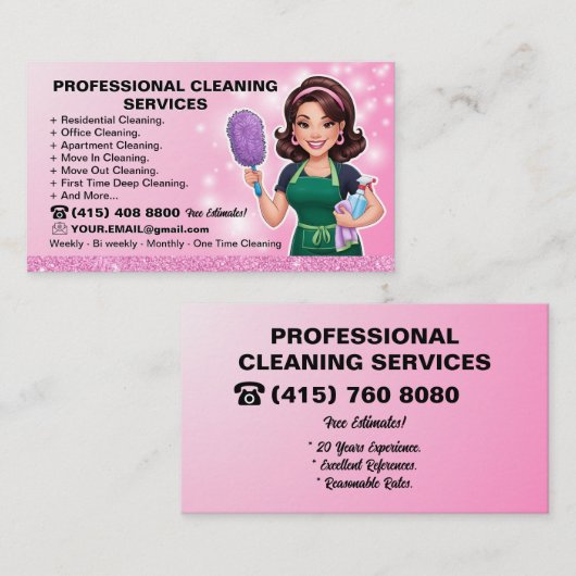 Maid Janitorial Lady Business Card Haus Reinigung Visitenkarte (Vorne/Hinten)