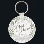 Maid of Honor Rustic Eucalyptus Wreath Wedding Schlüsselanhänger<br><div class="desc">These keychains are designed to give as a favor or gift for the Maid of Honor in your wedding party. They feature a rustic hand painted watercolor design with a wreath of eucalyptus and foliage in shades of mint, moss, and sage green. The text is written in elegant script letters,...</div>