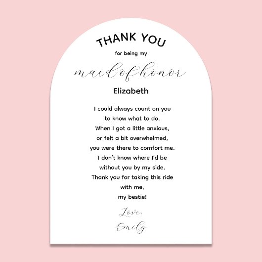 Maid of Honor Thank You Poem from Bride Acryleinladungen