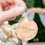 Maid of Honor Wedding Gift Gold Frills Coral Peach Schlüsselanhänger<br><div class="desc">These keychains are designed to give as favors to the Maid of Honor in your wedding party. They feature a simple yet elegant design with a pale coral, peach, or light orange colored background, gold text, and a lacy golden faux foil floral border. The text reads "Maid of Honor" with...</div>