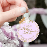 Maid of Honor Wedding Gift Gold Frills on Lilac Schlüsselanhänger<br><div class="desc">These keychains are designed to give as favors to the Maid of Honor in your wedding party. They feature a simple yet elegant design with a pale lilac purple colored background, gold text, and a lacy golden faux foil floral border. The text reads "Maid of Honor" with space for her...</div>