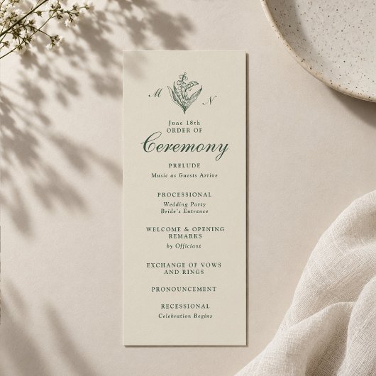 Maiglöckchen-Monogramm-Hochzeitsprogramm Einladung