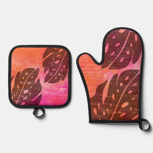 Maikai Hawaiian Monstera Leaf Krawatte Dye Fuchsia Ofenhandschuh & Topflappen-Set (Vorderseite)