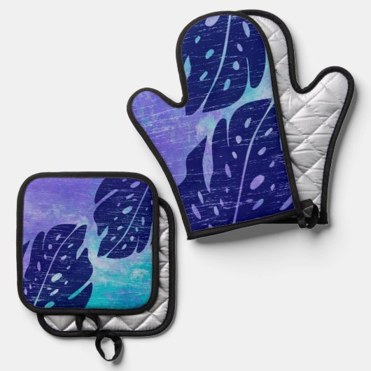 Maikai Hawaiian Monstera Leaf Krawatte-Dye Lila Ofenhandschuh & Topflappen-Set (Vorderseite/Rückseite)