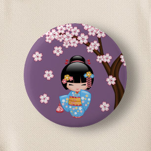 Maiko Kokeshi Doll - Blue Kimono Geisha Girl Button