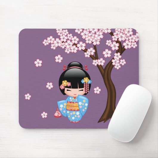 Maiko Kokeshi Doll - Blue Kimono Geisha Girl Mousepad (Mit Mouse)