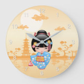 Maiko Kokeshi Doll Cute Geisha Girl Yellow Große Wanduhr (Vorderseite)