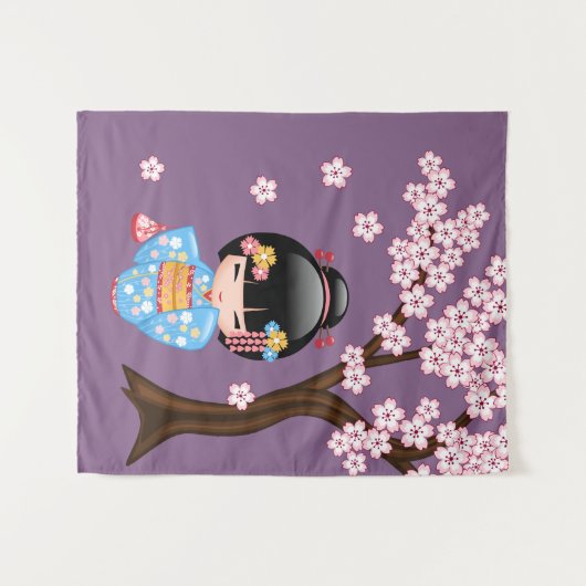 Maiko Kokeshi Puppe - blaues Kimono-Geisha-Mädchen Wandteppich (Vorderseite (Horizontal))