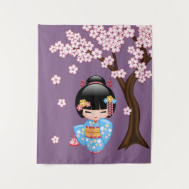 Maiko Kokeshi Puppe - blaues Kimono-Geisha-Mädchen Wandteppich