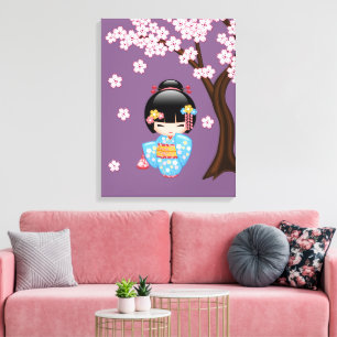 Maiko Kokeshi Puppe - Geisha-Mädchen im blauen Kim Leinwanddruck