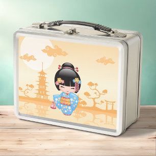 Maiko Kokeshi Puppe Süße Japanische Geisha Gelb Metall Brotdose