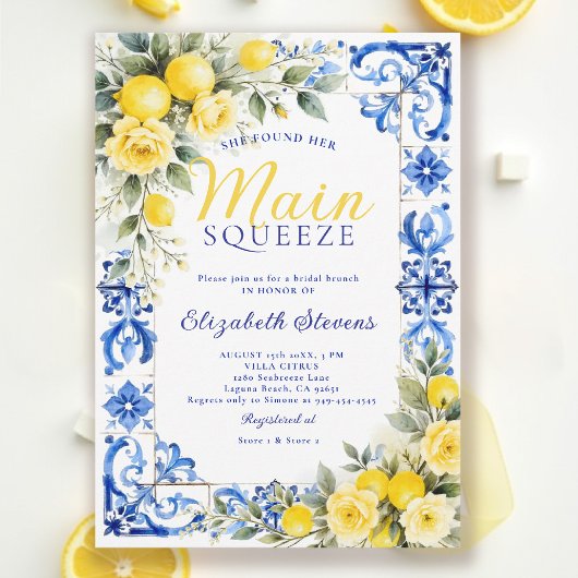 Main Squeeze Lemon Blue Tile Floral Bridal Shower Einladung
