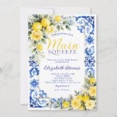 Main Squeeze Lemon Blue Tile Floral Bridal Shower Einladung (Vorderseite)