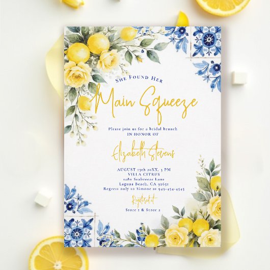 Main Squeeze Lemon Blue Tiles Roses Bridal Shower Einladung