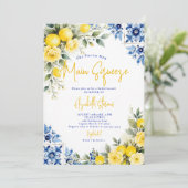 Main Squeeze Lemon Blue Tiles Roses Bridal Shower Einladung (Stehend Vorderseite)