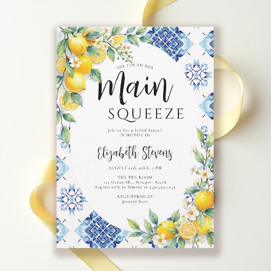 Main Squeeze Lemon Blue Tiles Summer Bridal Shower Einladung