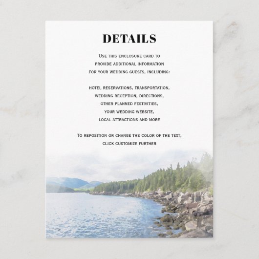 Maine Acadia Coastal Pine Forest Wedding Details Begleitkarte (Vorderseite)