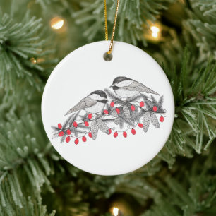 Maine Chickadee Bird Pen und Tinte Weihnachtsfeier Keramik Ornament