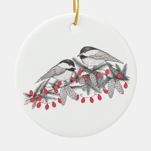 Maine Chickadee Bird Pen und Tinte Weihnachtsfeier Keramik Ornament (Vorne)