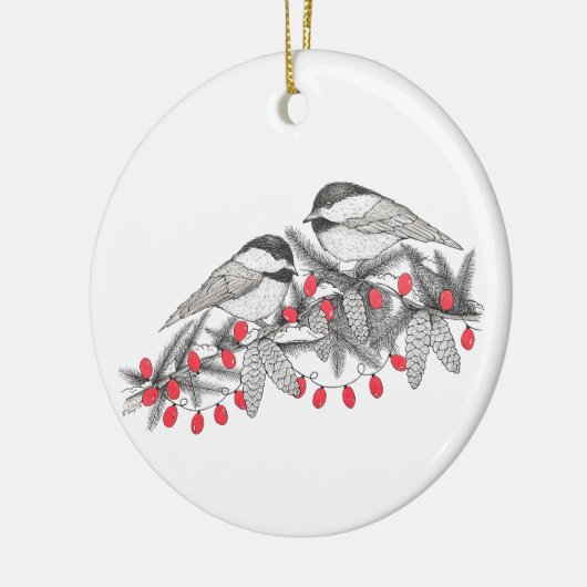 Maine Chickadee Bird Pen und Tinte Weihnachtsfeier Keramik Ornament (Links)