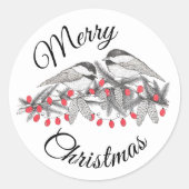 Maine Chickadee Bird Pen und Tinte Weihnachtsfeier Runder Aufkleber (Vorderseite)