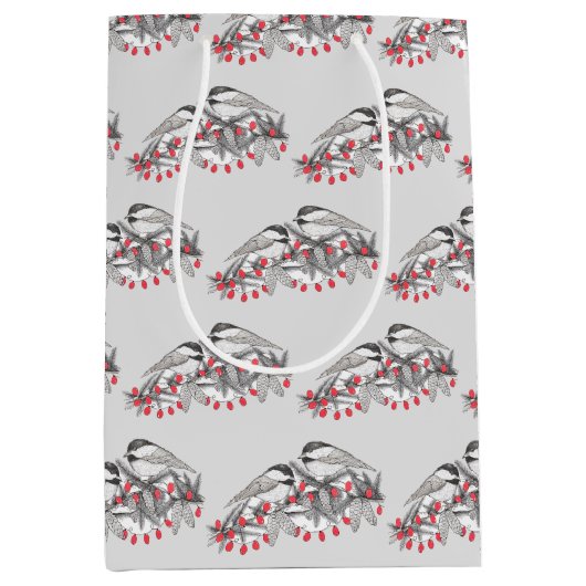 Maine Chickadee Bird Winter Weihnachtsschnee Mittlere Geschenktüte (Vorderseite)