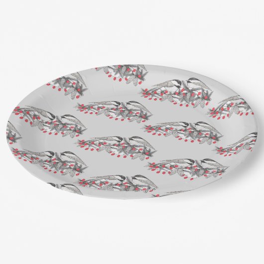 Maine Chickadee Bird Winter Weihnachtsschnee Pappteller (Schrägansicht)